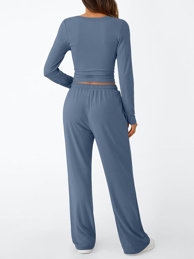 Trendy Queen Women's 2 Piece Matching Lounge Set Long Sleeve Side Ruching Top Wide Leg Drawstring Pants Set with Pockets