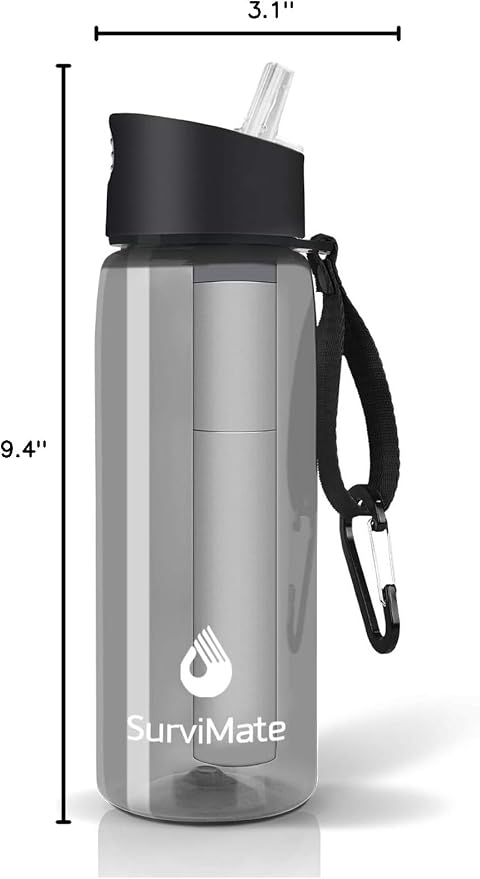Survimate 5-Stage 0.01μm Ultra-Filtration Filtered Water Bottle, BPA-Free Material, NSF/ANSI 42 Certified, Portable Water Filter Bottle for Survival, Camping, Hiking, and Emergency Use