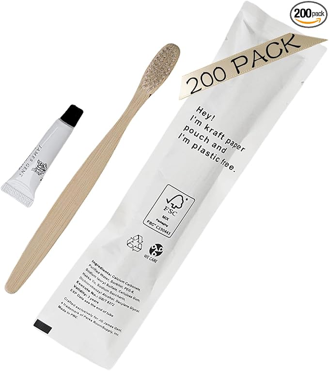 Disposable Toothbrush with Toothpaste Kit 200Pack Bamboo Toothbrush with Pre-Pasted Set Individually Wrapped Hotel Supplies and Toiletries for Guests
