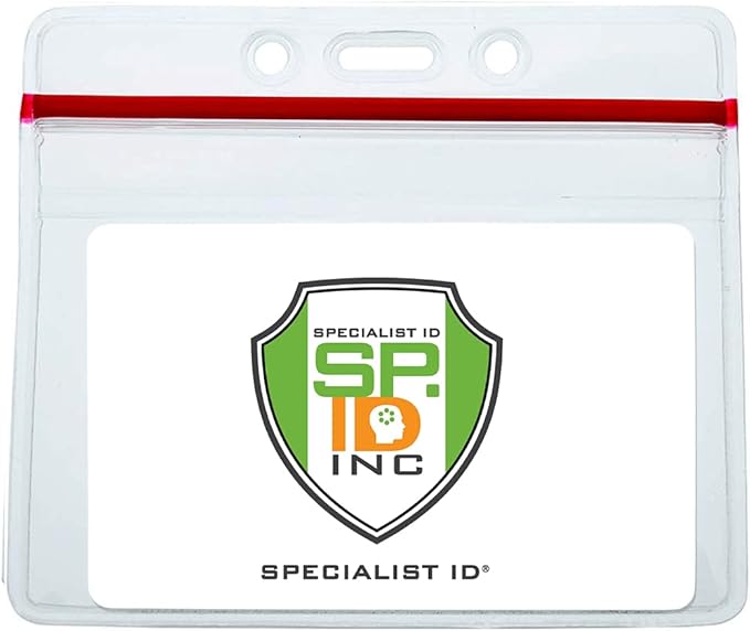 5 Pack - Heavy Duty Badge Holder Horizontal with Resealable Zip Top - Clear Plastic Waterproof i’d Card Protector - Top Load Pouch w/Lock Zipper Closure for Office, Travel, & Nurses by Specialist ID