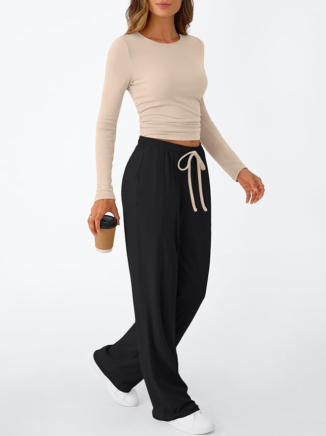 Trendy Queen Women's 2 Piece Matching Lounge Set Long Sleeve Side Ruching Top Wide Leg Drawstring Pants Set with Pockets
