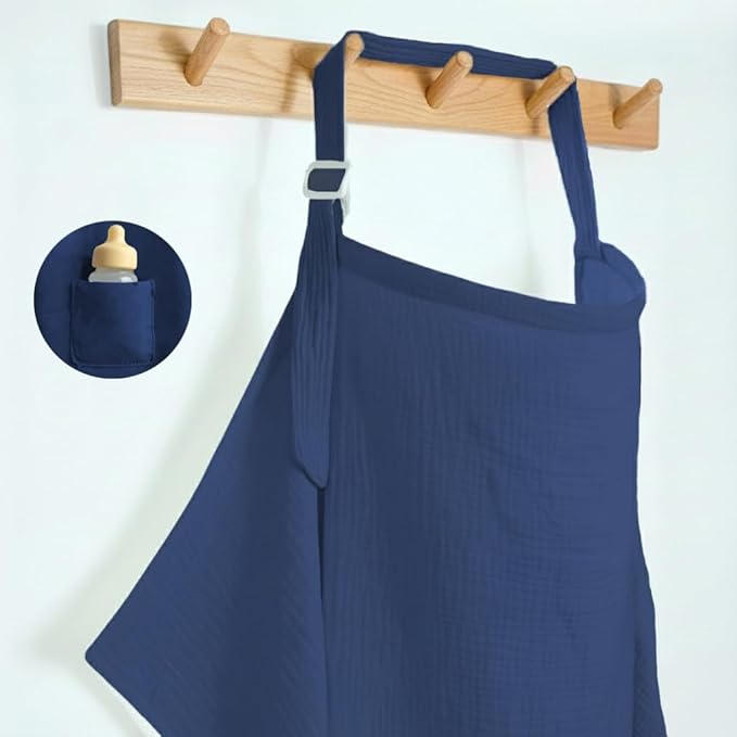 Muslin Nursing Covers for Breastfeeding, Arch Neckline Breast Feeding Covers for Women, Moms Privacy Breathable Summer Nursing Apron, Enlarged XL Size Soft Feeding Cover (Navy Blue)