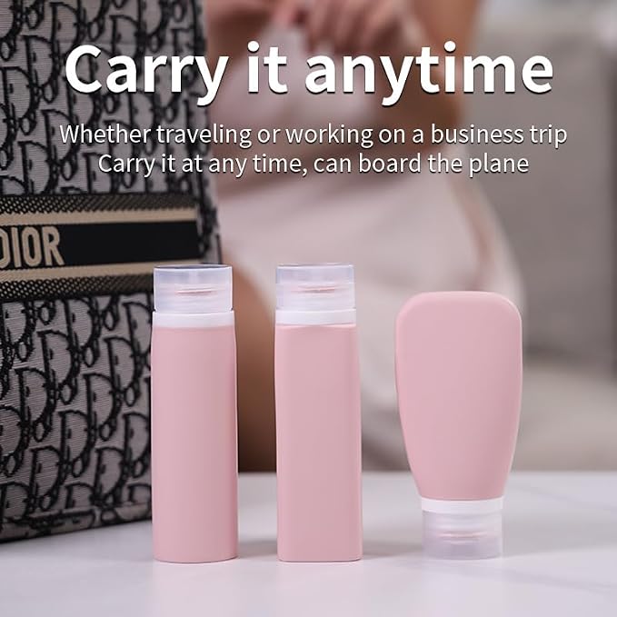 Silicone Travel Bottles Set Leakproof Squeeze Containers for Toiletries Shampoo Lotion Refillable Portable Travel Size Bottles with Clear Storage Bag Pink 4 Pcs