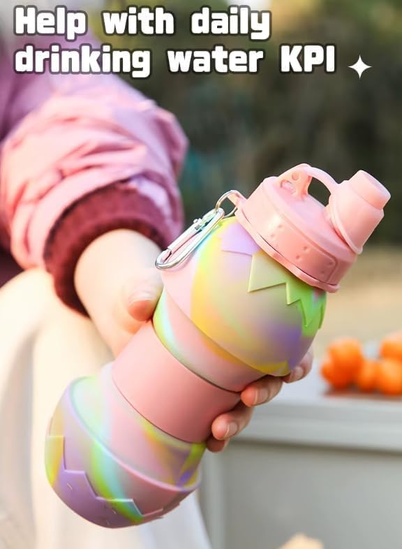 Collapsible Silicone Water Bottle || 600 ML Folding Water Bottle With Straw And Hook || Portable Water Bottle For Hiking, Camping, Sports, Road Trips, Outdoor (Pack Of 1) (Eggshell Shape)