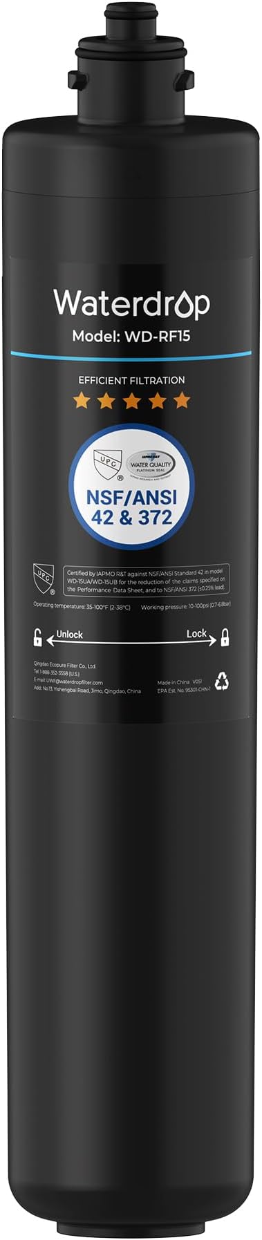 Waterdrop RF15 Water Filter Replacement for Waterdrop 15UA/15UB/15UC Under Sink Water Filter, Reduces PFOA/PFOS, PFAS, Lead, Chlorine, Bad Taste & Odor, NSF/ANSI 42 Certified, 2 Years