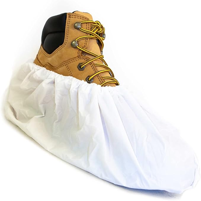 Waterproof Boot and Shoe Covers - Durable, Extra Large, Stretchable Up to Size 14 Work Boot - Dispenser Box Contains 80 Shoe Covers (40 Pair) - White