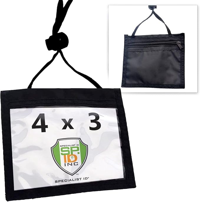 Bulk 25 Pack - Nylon Neck Wallet Badge Holder w/Lanyard - 4 X 3 Credential & Travel Badge Holder with 3 Pockets - Clear Plastic 4X3 Horizontal Window, Zipper Pouch + by Specialist ID