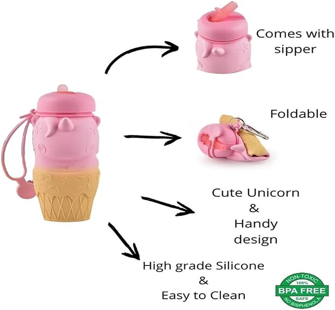 Unicorn Design Silicone Collapsible Water Bottles, Portable Sports Bottle with Carabiner Clip, Leak Proof, BPA Free Sippy Straw 550 ml (Pack of 1) (UNICORN BOTTLE)