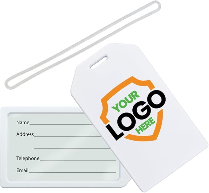 10 Pack - Bulk Custom Luggage Tags - Heavy Duty Personalized Bag Tag for Suitcases or Backpack - Hard Plastic - Add Company Logo, School I’D, Photo - Quality & Detail UV Print by Specialist ID (White)