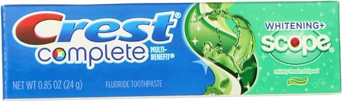Crest Complete Multi-Benefit Fluoride Toothpaste, Whitening + Scope, Minty Fresh 0.85 oz (Pack of 8)