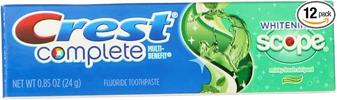 Crest Complete Whitening Plus Scope Minty Fresh Toothpaste, Travel Size, TSA Approved, 0.85 Ounce (Pack of 12)