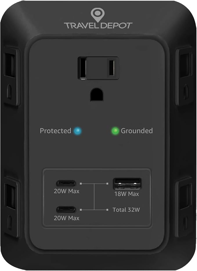 Travel Depot PD USB Wall Charger Surge Protector, 5 Outlet Extender 2 USB C & 1 USBA Charging Ports, Fast Charge 3 Sided Power Strip Multi Plug Outlets Wall Adapter for Home Office, ETL Listed (Black)