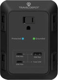 Travel Depot PD USB Wall Charger Surge Protector, 5 Outlet Extender 2 USB C & 1 USBA Charging Ports, Fast Charge 3 Sided Power Strip Multi Plug Outlets Wall Adapter for Home Office, ETL Listed (Black)