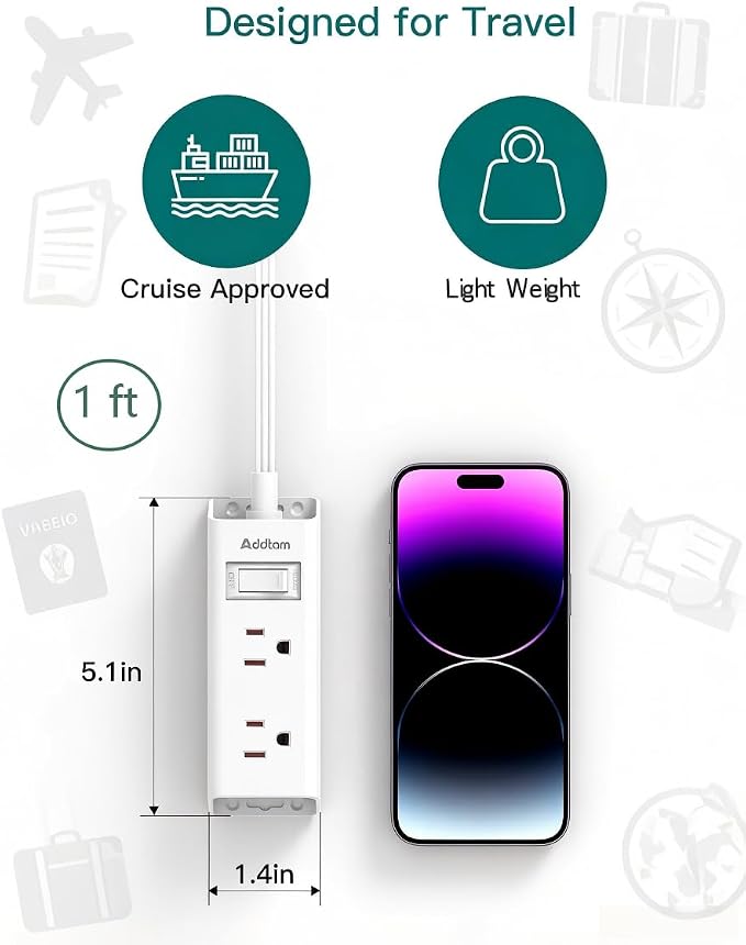 Addtam Flat Plug Power Strip with 6 Outlet Extender, 1 FT Extension Cord Flat Wall Plug with Multiple Outlets, No Surge Protector for Cruise Ship, Travel, Dorm, Home Office, Cruise Essentials, White