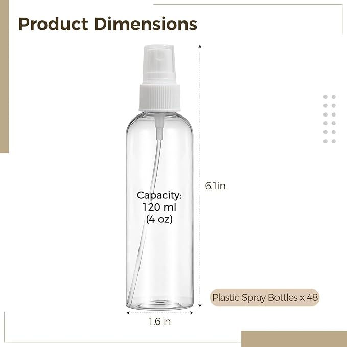 OMISTAR 48 Pcs 4 oz Plastic Spray Bottles - 120 ML Travel Size, Fine Mist Sprayers, Ideal for Perfumes, Cosmetics, Cleaning Solutions, and More, WhiteClear
