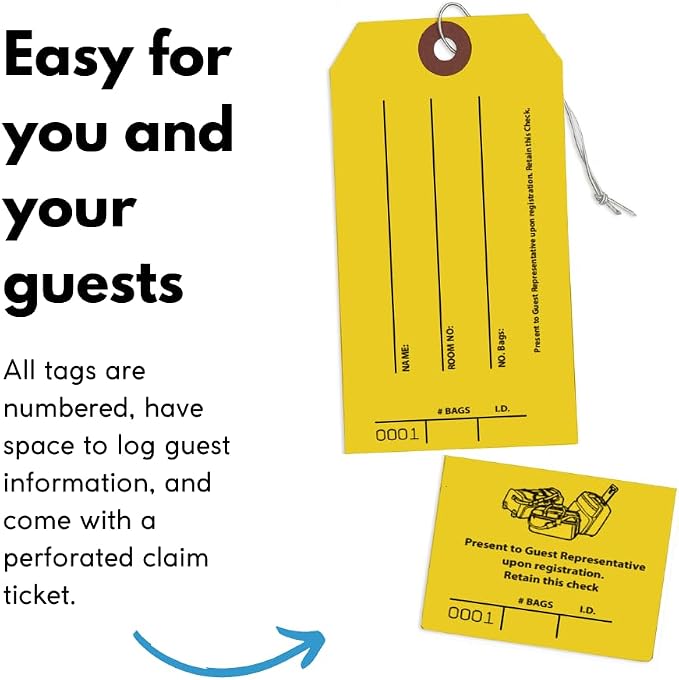 Front Desk Supply Hotel Luggage Claim Tags with Numbered Stickers & Tear-Off Claim Ticket – High-Visibility Baggage Management Tags for Hotels, Group Travel, Valet & Guest Storage – 1,000 Pack
