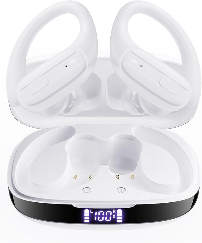 LEEMC Wireless Earbuds, Bluetooth Headphones 5.4, 80Hr Playtime Ear Buds with Hooks for Sports, Noise Canceling, LED Display, IPX7 Waterproof Earphones for Workout Running, Purewhite