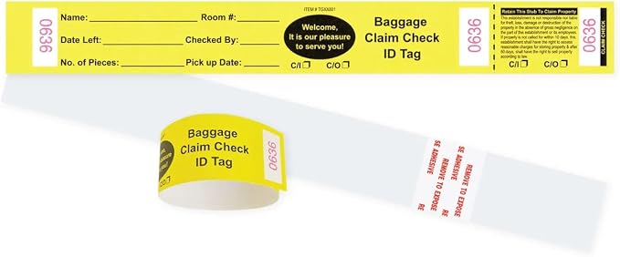 1000 Baggage Claim Check Tags Made from Yellow Card Stock, with Transfer Tape on Back, Printed in Black with Red Consecutive Numbering. Bag Identification Tag Size: 10 1/2" x 1 1/4"