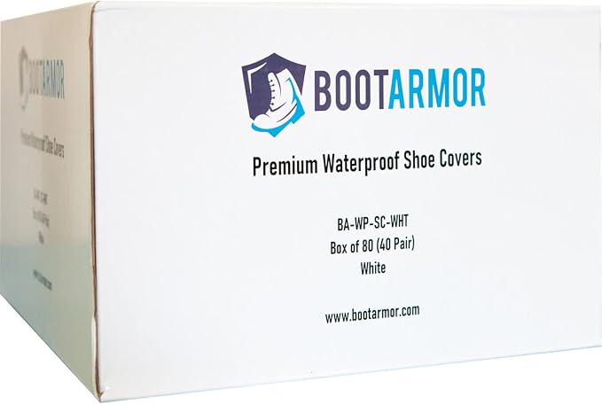 Waterproof Boot and Shoe Covers - Durable, Extra Large, Stretchable Up to Size 14 Work Boot - Dispenser Box Contains 80 Shoe Covers (40 Pair) - White
