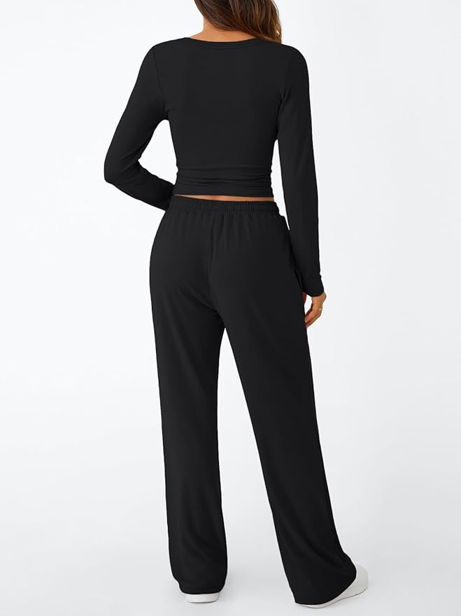 Trendy Queen Women's 2 Piece Matching Lounge Set Long Sleeve Side Ruching Top Wide Leg Drawstring Pants Set with Pockets