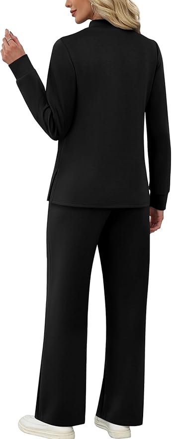 WIHOLL Two Piece Sets for Women Spring Travel Vacation Outfits 2026 Long Sleeve Lounge Sets Side Slit Wide Leg Pants S-3XL