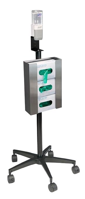 Mobile Hand Sanitizer and Glove Stand, Stainless Steel Triple Glove Box Holder, Sanitizing Dispenser (with Casters)