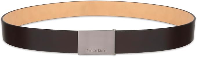 Calvin Klein Men's Plaque Buckle Belt - Casual Modern Style With Logo Detail for Jeans and Dress Pants