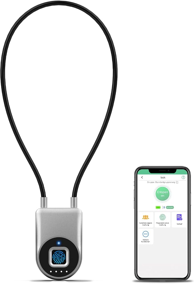 Fingerprint Cable Lock, 6" Long Cable Smart Padlock with Fingerprint Bluetooth APP, Keyless Biometric Waterproof Outdoor Gate Lock for Refrigerator French Door Fence Backyard Pantry