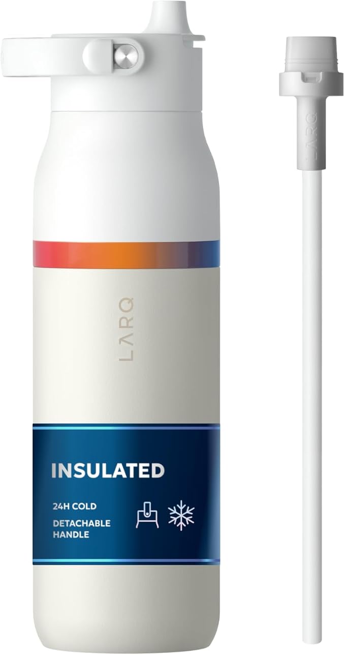 LARQ Swig Top Amber Vittoria — Insulated Stainless Steel Water Bottle with Straw, Silicone Handle, Vacuum 24h Cold, BPA-Free Metal Bottle for Gym, Travel, Office — 23 oz, Granite White
