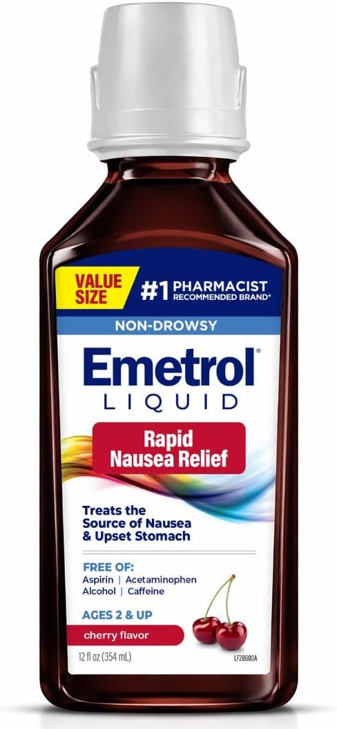 Emetrol Non-Drowsy Nausea Relief - Liquid Medicine for Upset Stomach Relief - Pharmacist Recommended Nausea Medicine - Cherry Flavor - 12 fl oz