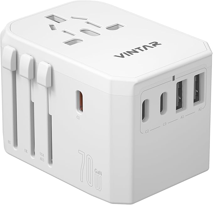 Universal Travel Adapter, VINTAR 70W GaN International Power Adapter with 5 USB Ports (3 USB-C), Worldwide Travel Plug Adaptor, All in One Travel Essentials Outlet Converter for UK/EU/USA/AUS, White