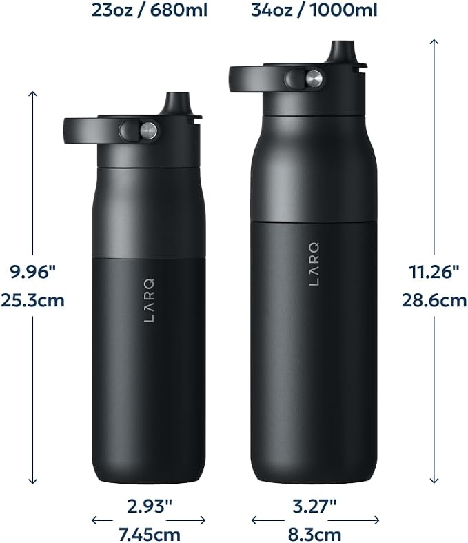 LARQ Swig Top — Insulated Stainless Steel Water Bottle with Straw, Detachable Silicone Handle, Vacuum 24h Cold, BPA-Free Metal Bottle for Gym, Travel, Office, Wide Mouth for Ice — 34 oz, O. Black