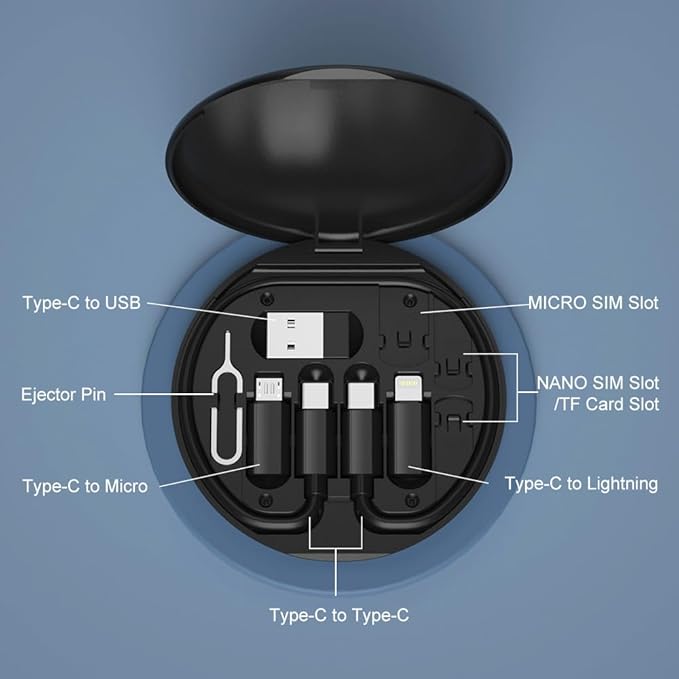 YANZIE USB Adapter, Micro USB Charging Cable with USB C Lighting Adapter, Lighting to USB C Adapter, Multi Charging Cable Storage Box Contains SIM Card Holder