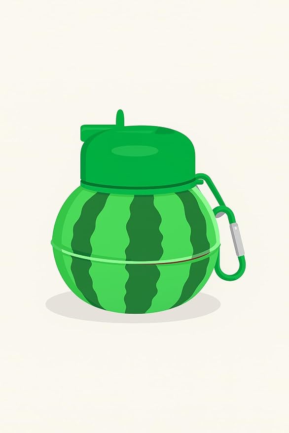 Watermelon Design Silicone Collapsible Water Bottles, Portable Sports Bottle with Carabiner Clip, Leak Proof, BPA Free Sippy Straw 550 ml (Pack of 1) (WATER MELON)