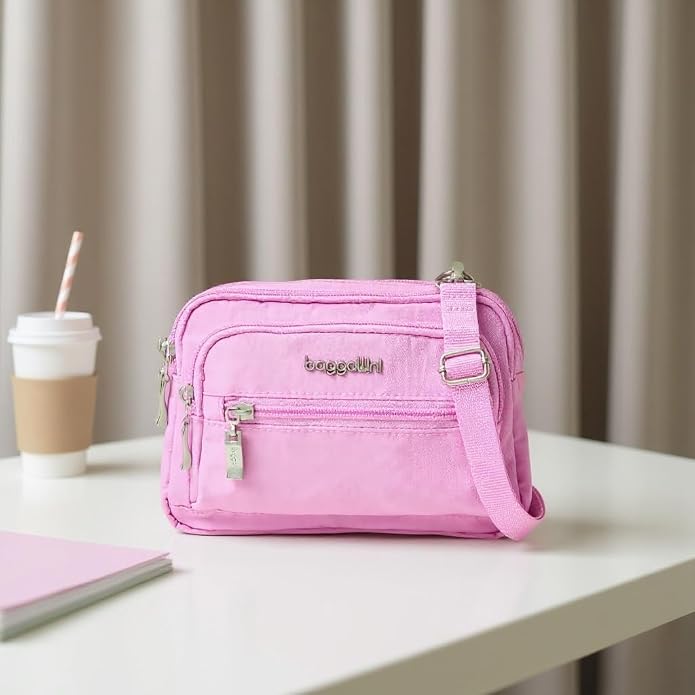 Baggallini Triple Zip Small Crossbody Bag for Women - Lightweight Convertible Fanny Pack Belt Bag