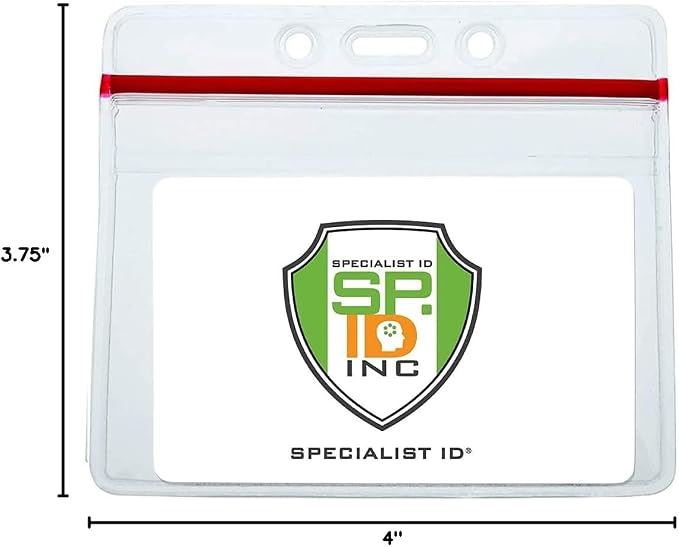 Bulk 100 Pack - Heavy Duty Badge Holder Horizontal with Resealable Zip Top - Clear Plastic Waterproof i’d Card Protector - Top Load Pouch w/Lock Zipper Closure for Office & Nurses by Specialist ID