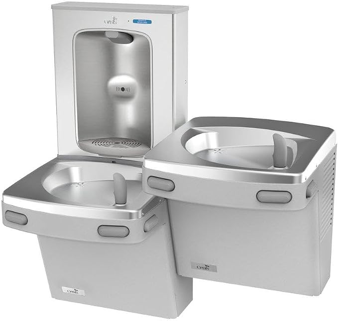 VersaCooler Wall Mount Bi-Level Indoor Double Water Drinking Fountain with Electric Bottle Filling Station, in Greystone Stainless Steel, Built in Water Filter, 8GPH - 18" D x 34" W x 38" H