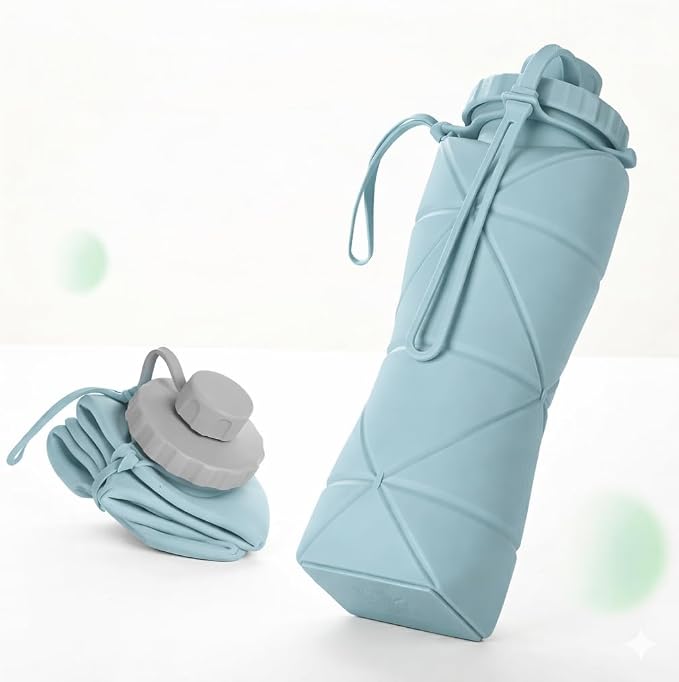 Folding Silicone Water Bottle | Collapsible Travel Water Bottle for Gym, Office, School, Cycling, Hiking & Outdoor Sports | Leak-Proof, Portable Bottle | 600 Ml (Blue)