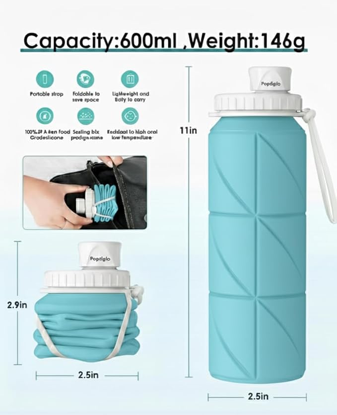 Folding Silicone Water Bottle | Collapsible Travel Water Bottle for Gym, Office, School, Cycling, Hiking & Outdoor Sports | Leak-Proof, Portable Bottle | 600 Ml (Blue)