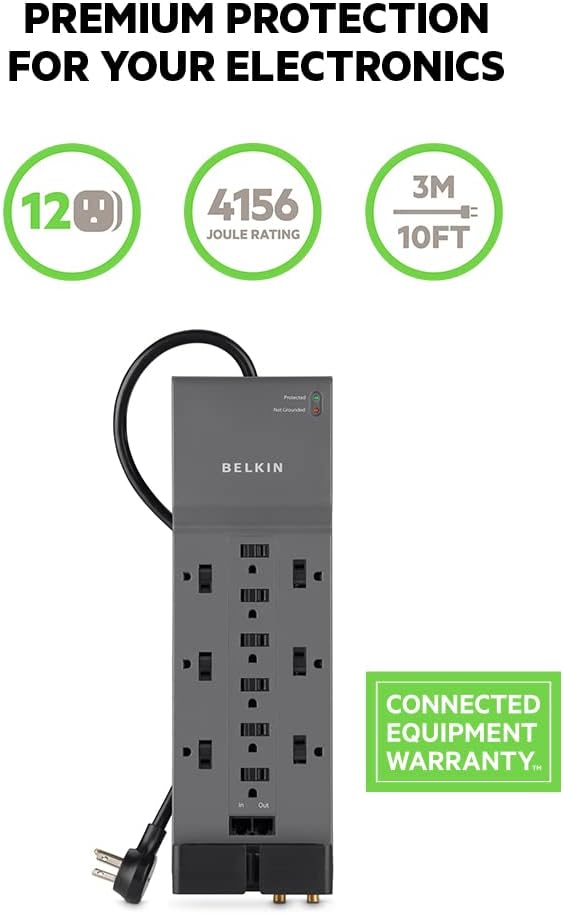 Belkin Power Strip Surge Protector with 12 AC Multiple Outlets,10' Long Flat Plug Heavy Duty Extension Cord for Home,Office,Travel,Computer Desktop,Laptop & Phone Charging Bricks (4,156 J) (Pack of 3)