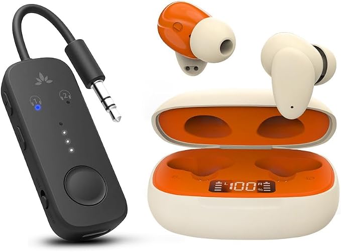 Avantree Relay - Premium Airplane Bluetooth 5.3 Adapter & Clan N1 - Active Noise-Canceling Wireless Earbuds for Music, Calls While Commuting with Hybrid ANC, Transparency Mode