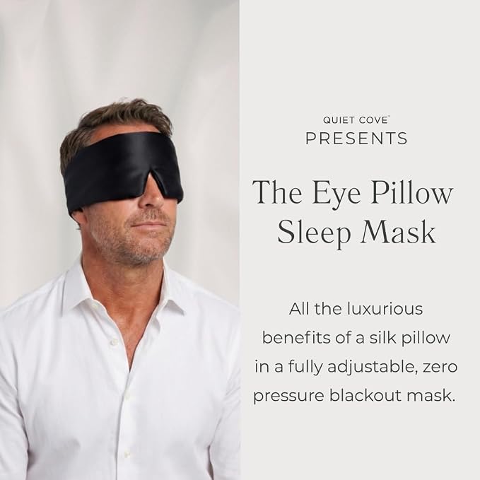 QUIET COVE Plush Luxury Silk Sleep Mask - Sleep Comfortably on Your Side - 22 Momme Mulberry Silk, Total Blackout, Luxe Cloud Filling Soothes Your Eyelids - Luxury Gift (Black)