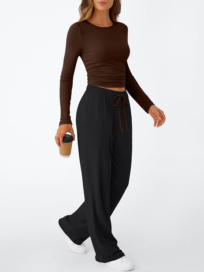 Trendy Queen Women's 2 Piece Matching Lounge Set Long Sleeve Side Ruching Top Wide Leg Drawstring Pants Set with Pockets