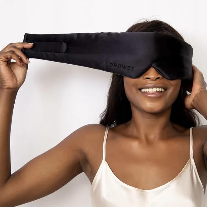 DROWSY Silk Sleep Mask Set - Face-Hugging, Padded Silk Cocoon for Luxury Sleep in Total Darkness - Eye Masks for Sleeping & Travel, 100% Pure Mulberry Silk, Adjustable - Black Jade (Set of 2)