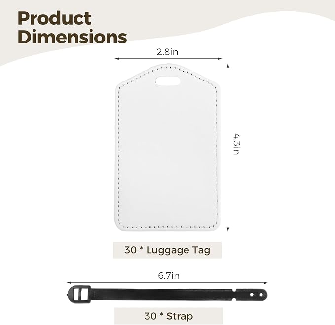 30 PCS Sublimation Luggage Tags for Suitcases, Blank Leather Suitcase Tags with Card Inserts, Heat Transfer Travel Bag Tags with Snap, Leather Sublimation Blank DIY Suitcase Name Tag