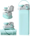 Collapsible Silicone Water Bottle || 600 ML Folding Water Bottle With Straw And Hook || Portable Water Bottle For Hiking, Camping, Sports, Road Trips, Outdoor (Pack Of 1) (Sky Blue)