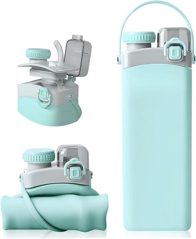 Collapsible Silicone Water Bottle || 600 ML Folding Water Bottle With Straw And Hook || Portable Water Bottle For Hiking, Camping, Sports, Road Trips, Outdoor (Pack Of 1) (Sky Blue)