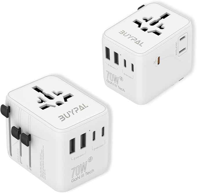 7 in 1 World International Travel Plug Adapter - Powerful GaN Tech 70W with 3X USB-C and 2 USB-A Ports Cruise Approved, Universal Travel Adapter 100V 250V A/C, EU US UK AUS Asia