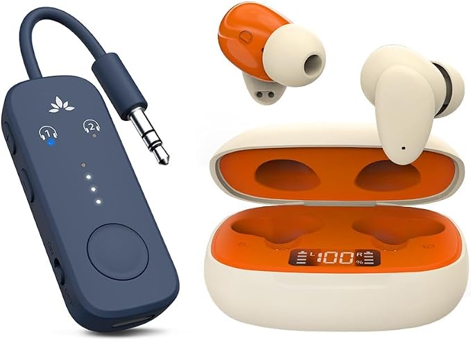 Avantree Relay & Clan N1 - Premium Airplane Bluetooth 5.3 Adapter & Active Noise-Canceling Wireless Earbuds for Music, Calls While Commuting with Hybrid ANC, Transparency Mode