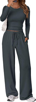 Trendy Queen Women's 2 Piece Matching Lounge Set Long Sleeve Side Ruching Top Wide Leg Drawstring Pants Set with Pockets